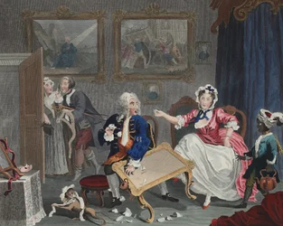 Harlot&39;s Progress、プレートII、イラストは「復元されたホガース：有名なウィリアムホガースの全作品、トーマスクックによって再彫刻された」、パブ。 1812（手塗りの彫刻）